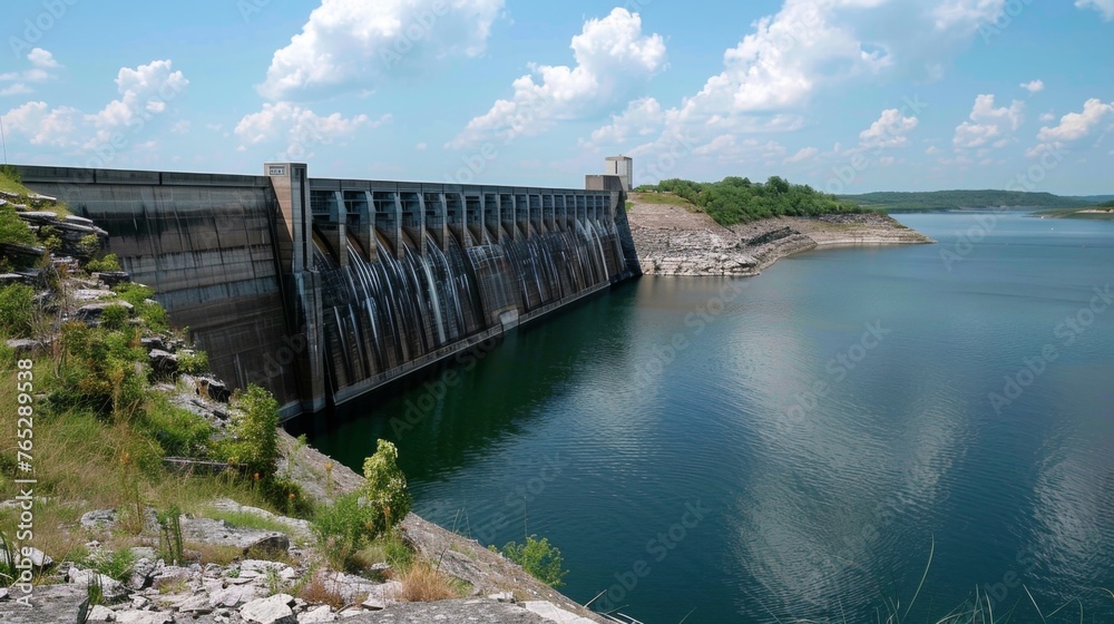 A massive concrete dam towers over a calm lake its walls fortified to withstand the strong winds that may come its way.