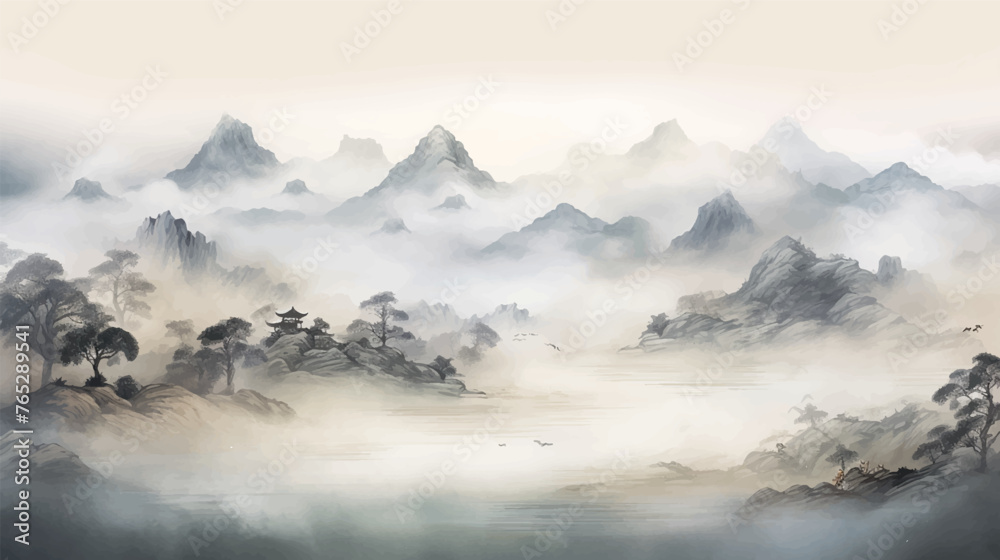 Abstract beautiful traditional chinese or japanese temple house hill with river, cloudy and mountain scenery landscape watercolor painting wallpaper oriental background. Clouds, mountain, river - obrazy, fototapety, plakaty 