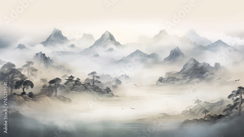 Abstract beautiful traditional chinese or japanese temple house hill with river, cloudy and mountain scenery landscape watercolor painting wallpaper oriental background. Clouds, mountain, river photo