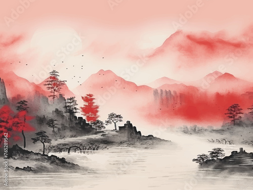 Abstract beautiful traditional chinese or japanese temple house hill with river, cloudy and mountain scenery landscape watercolor painting wallpaper oriental background. Clouds, mountain, river