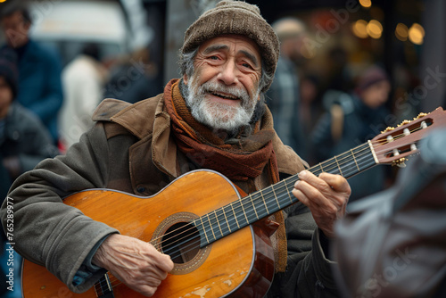 Senior musician in urban setting, sharing soulful tunes, street performance and community connection. 