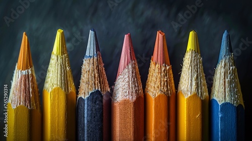 Close-up of sharpened colored pencils, creativity in array