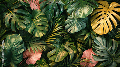 Colorful tropical leaves in varying shades, highlighting the exotic beauty of rainforest foliage. 