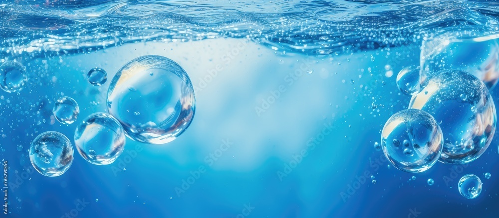 Bubbles gently floating in the water, creating a mesmerizing display, set against a serene blue background Bubbles gently floating in the water, creating a mesmerizing display, set against a serene blue background