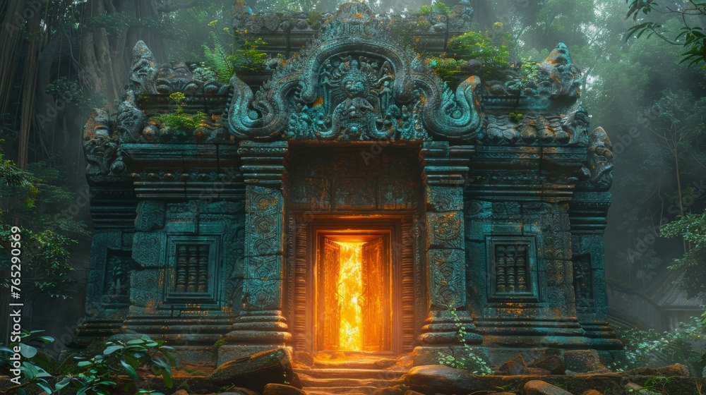 An ancient mystical doorway adorned with intricate symbols glows with an otherworldly energy beckoning travelers to take a chance and step through time.