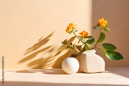 꽃과 돌이 있는 뷰티 광고 제품 합성을 위한 연단 © EUNKYOUNG