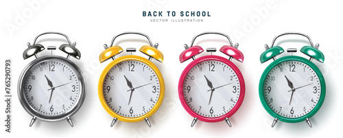 Back to school clock vector set design. Back to school with office alarm clock in silver, yellow and pink color isolated in white background. Vector illustration school alarm clock collection. 