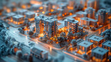 Miniature city model glowing at dusk, highlighting urban planning and the intricate design of city infrastructure in a captivating, futuristic presentation.
