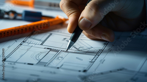Focused professional sketching architectural designs with precision on blueprint papers, a concept of technical drawing and detailed planning in construction. 