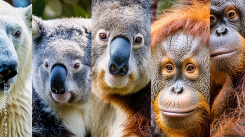 A collage of various animal species such as polar bears koalas and orangutans each affected by both heatwaves and deforestation in their own unique ways.