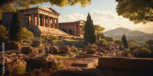 Ancient Greek Temple on Hillside With Trees and Flowers Generative AI