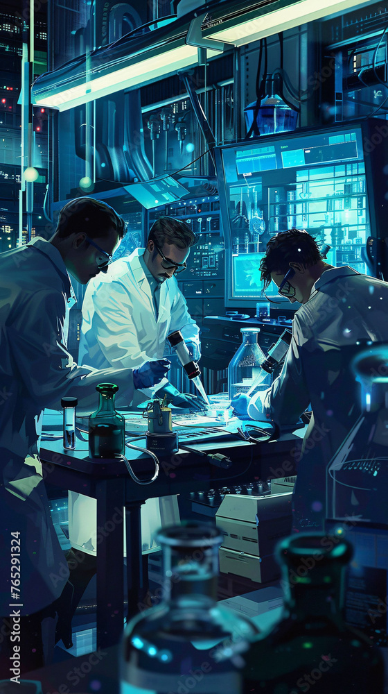 Scientists working in a blue-toned laboratory, discovery. Concept: research, science, innovative technology.
