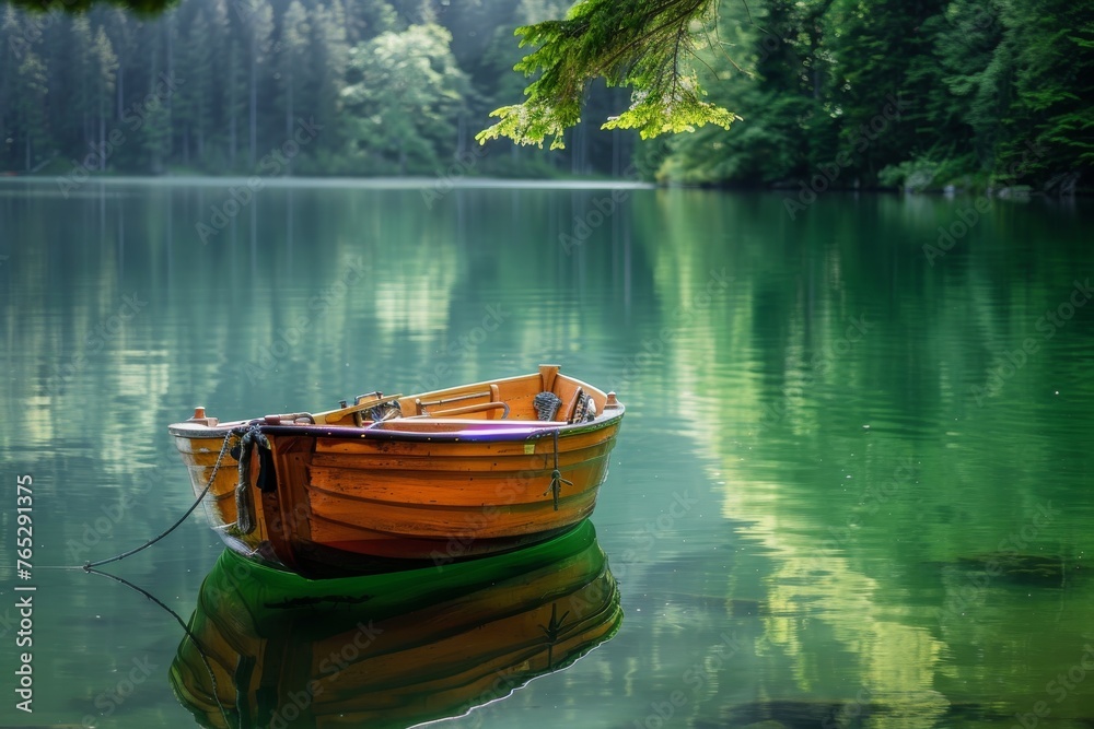 Green boat on calm lake water surrounded by forest Green boat on calm lake water surrounded by forest