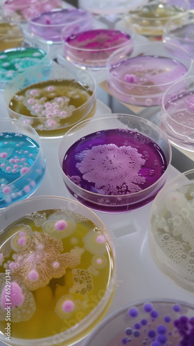 Colorful petri dishes showcasing bacterial growth, science and research in microbiology. 