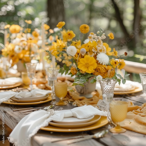 table set for a wedding reception, tablescape with yellow dishes and white napkins, outdoor dining, outdoor reception, wedding, beautiful tablescape 