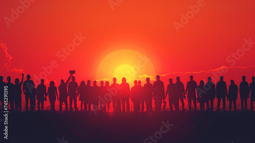 A group of people standing in front of a vibrant sunset, their silhouettes outlined against the colorful sky as they celebrate Labor Day