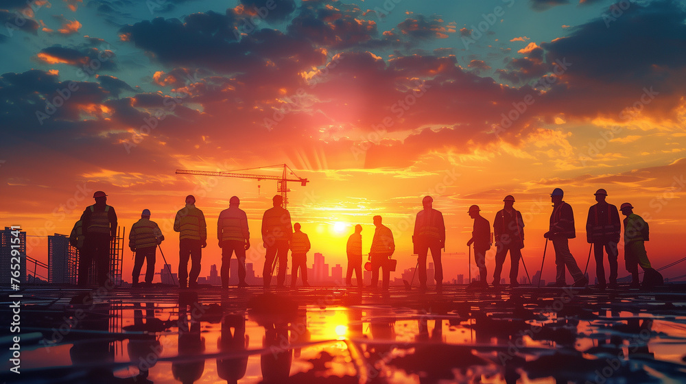 A diverse group of people stand in awe, silhouetted against the vibrant colors of a sunset on Labor Day