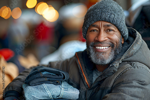 Smiling elder homeless man with winter hat, charity clothing drive in urban background.
