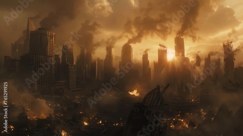 Post-apocalyptic cityscape engulfed in flames - Dystopian view of a city skyline with buildings in ruins under a smoke-filled sky  fires and sunlight piercing through