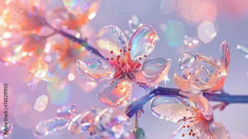 Radiant flower with sparkling dew drops - Close-up of a shimmering flower with vibrant colors and sparkling water droplets creating a magical effect