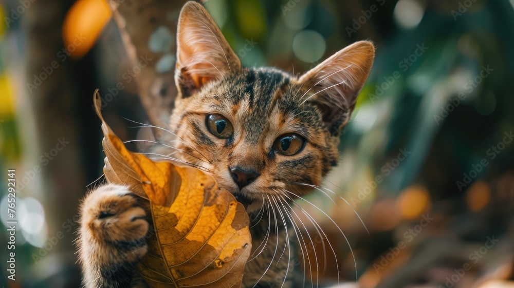 Tabby cat holding a fallen leaf in autumn - An adorable tabby cat gently holding a fallen autumn leaf, depicting playfulness and the changing seasons