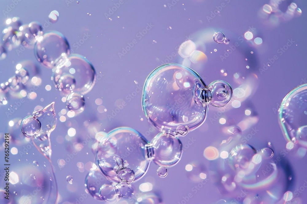 Transparent bubbles floating on purple background - Captivating image of transparent bubbles with reflections floating seamlessly on a serene purple backdrop