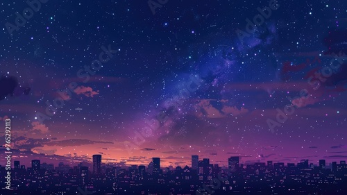 Starry purple night over urban cityscape - A digital image capturing the essence of an urban expanse under a captivating star-filled purple night sky