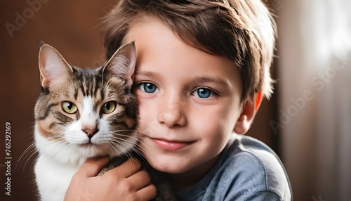 boy pet cat beautiful portrait