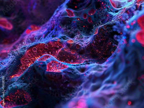 Microscopic view of vibrant cellular structures in a bio luminescent style.