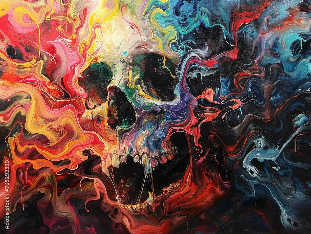 Vivid psychedelic art depicting skull with abstract swirls of color and emotion.