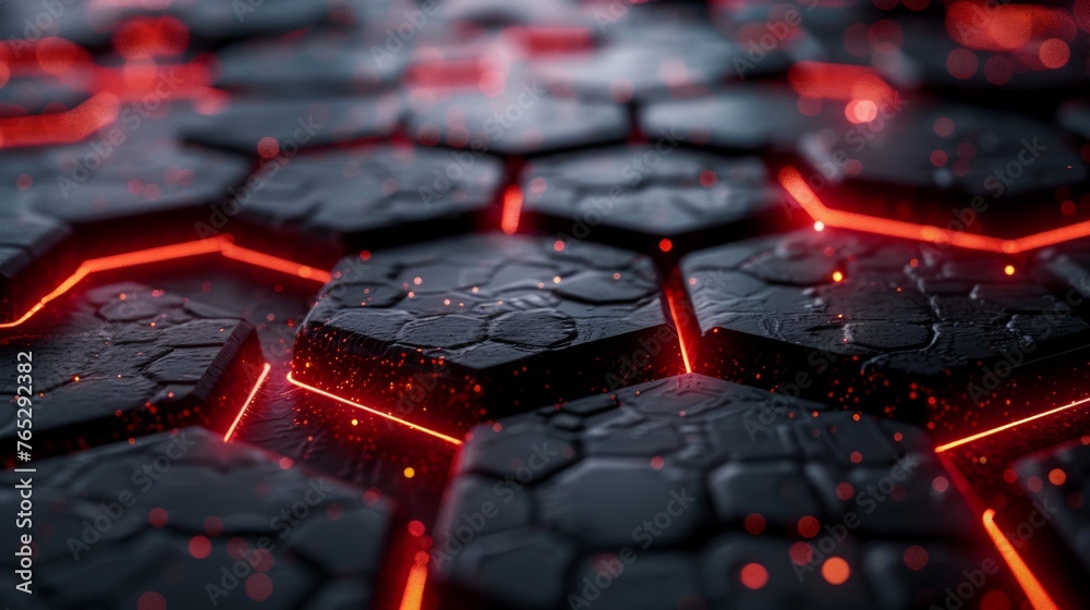 Obraz premium Abstract red neon hexagons on a dark backdrop.