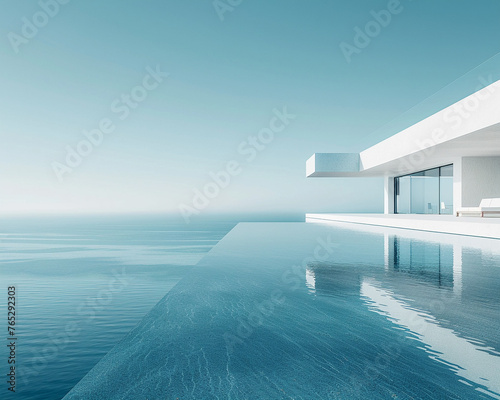 A sleek white minimalist villa with infinity pool. © pprothien