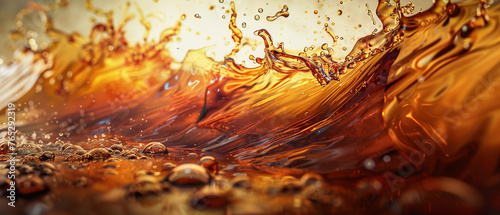 Golden brown coffee splash in close-up, capturing the dynamic essence and aroma of fresh brew.