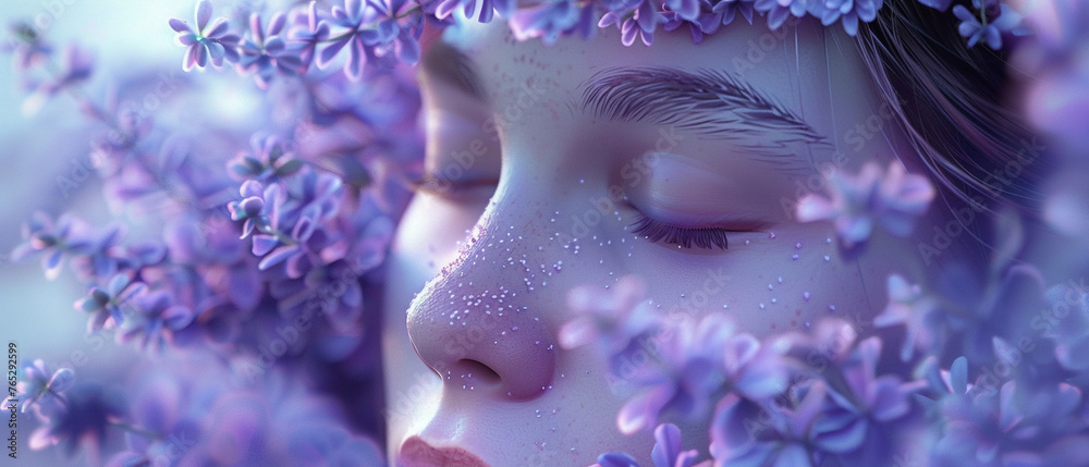 Ethereal portrait that exudes a sense of calm and tranquility prominently featuring lavender hues.