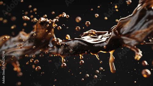 Splashing coffee with droplets in mid-air, capturing the dynamic movement of dark liquid.