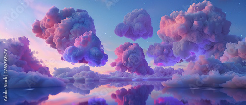 Dreamy cotton candy clouds reflecting in water in a surreal pastel-colored sky. photo