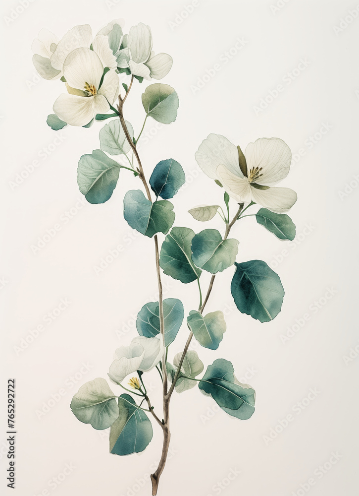 Obraz premium A white flower with green leaves is depicted in watercolor painting