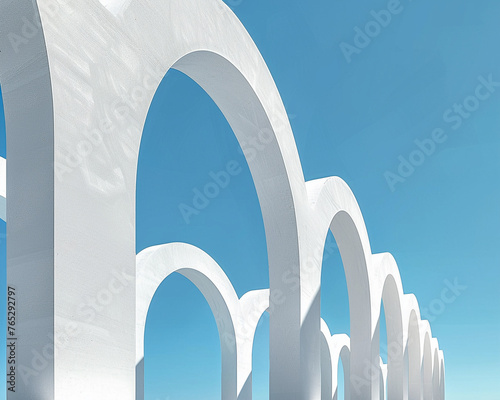 Surreal architecture with a series of white minimalist floating arches against a deep blue sky no visible supports. © pprothien