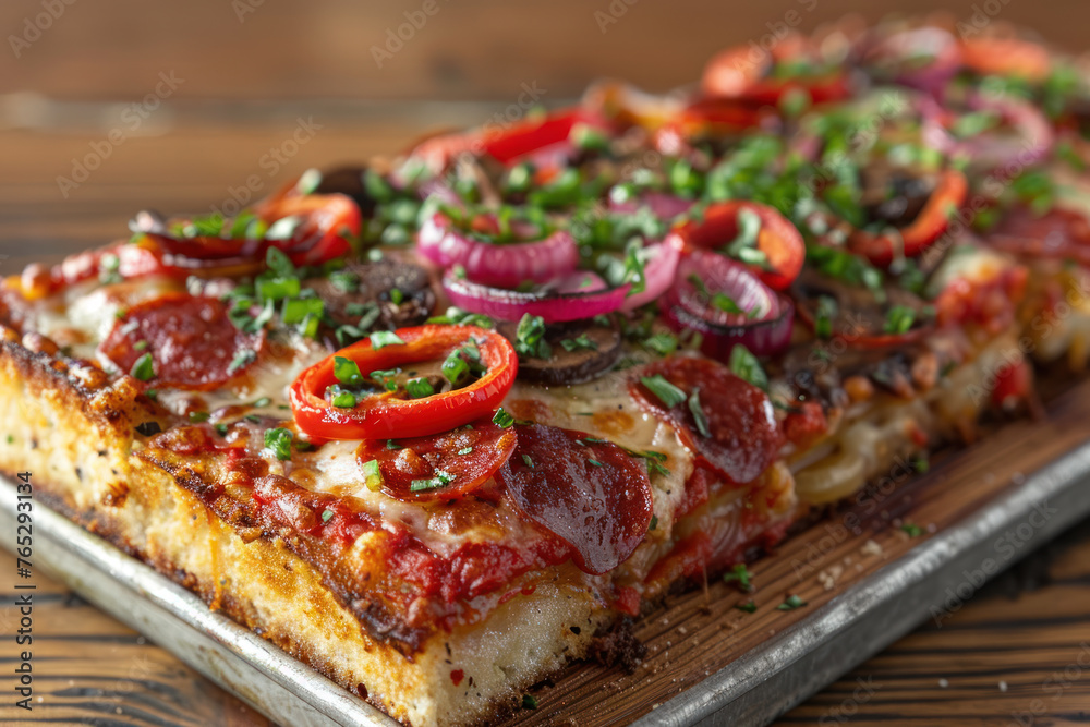 Sicilian Pizza served on a wooden board from the brick oven