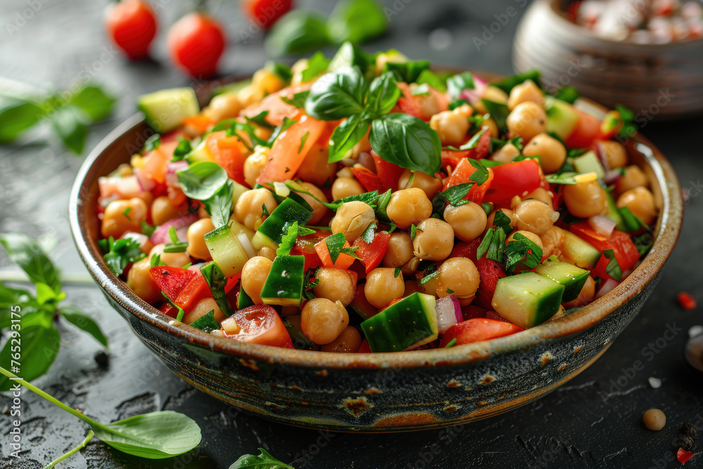 Plating design of vegan chickpea salad with fresh ingredient appetizer Plating design of vegan chickpea salad with fresh ingredient appetizer