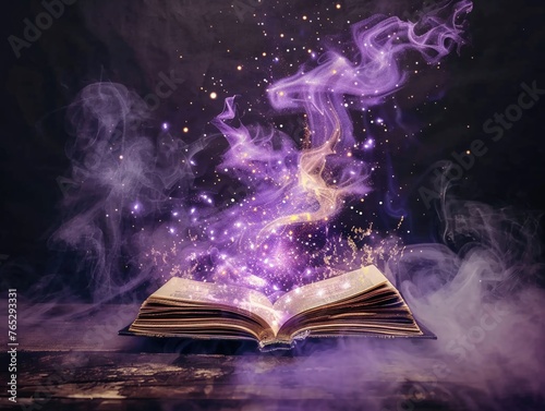 Futuristic spellbooks with touchscreen pages, tech and magic fusion photo