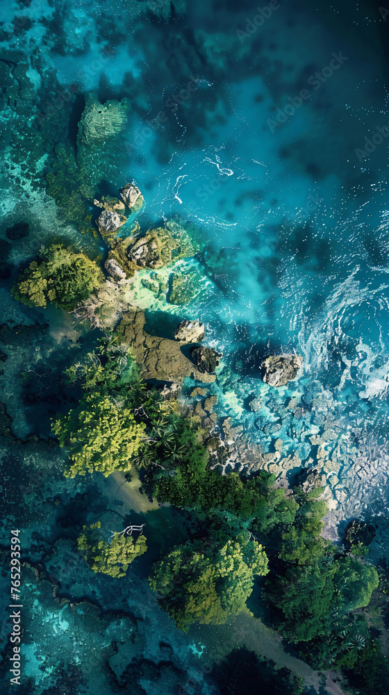 Fototapeta premium Aerial view of a lush coastline, concept: nature and environmental conservation. 