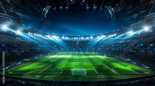 A soccer field with a crowd of people watching. The field is lit up and the atmosphere is lively