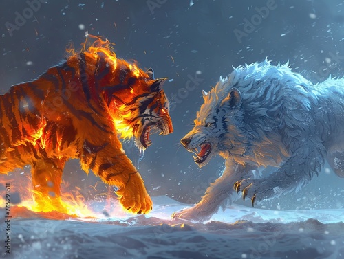 Flame tiger and ice wolves in a standoff, a clash of elemental powers