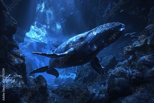 Underwater view of a whale with a backdrop of a distant galaxy photo