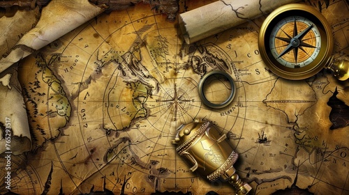 Treasure map in a digital realm, magic compass leading the way