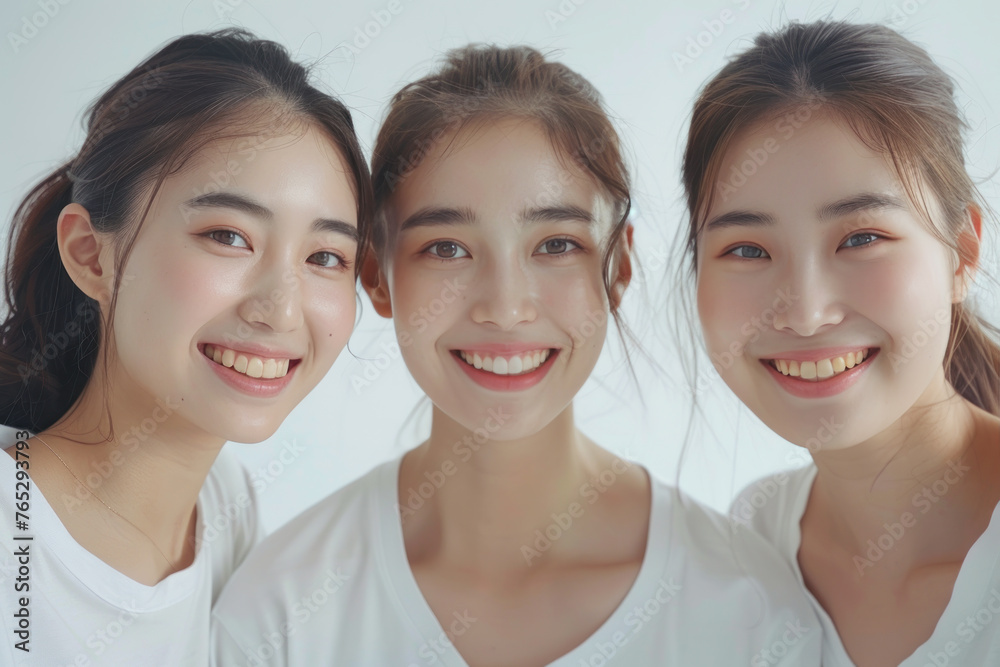 Asian women wearing white t-shirt smile having a good time together Asian women wearing white t-shirt smile having a good time together