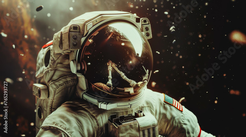 A man in a spacesuit is standing in front of a planet with a lot of debris. The scene is set in outer space and the man is in a space station