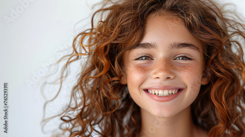 Smiling young girl with wavy hair, concept: natural beauty and happiness. 