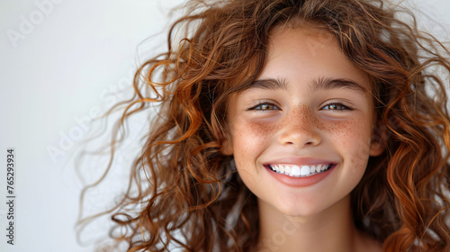 White smiling 11 year old girl with curly hair with light colored background.
